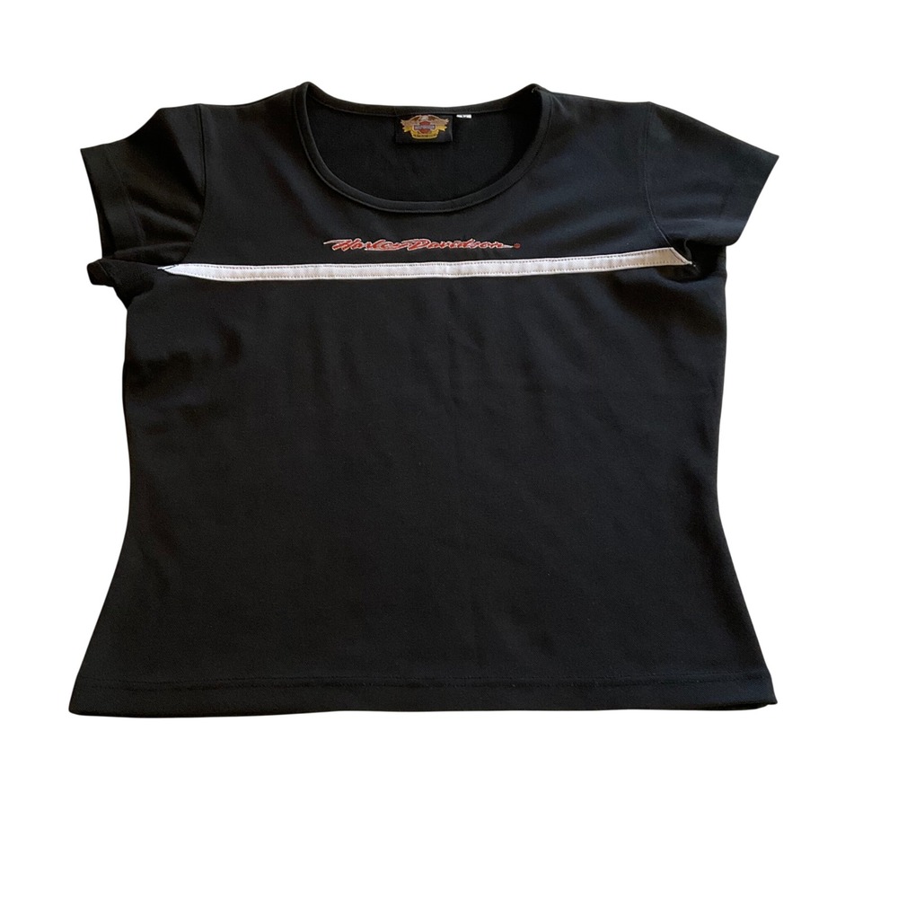 Harley Davidson T-Shirt Womens Large Black Embroidered Logo Racing Stripe Y2K